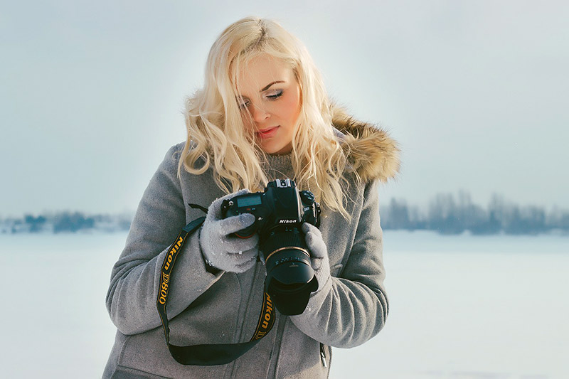 девушка, фотограф, зима, холодно